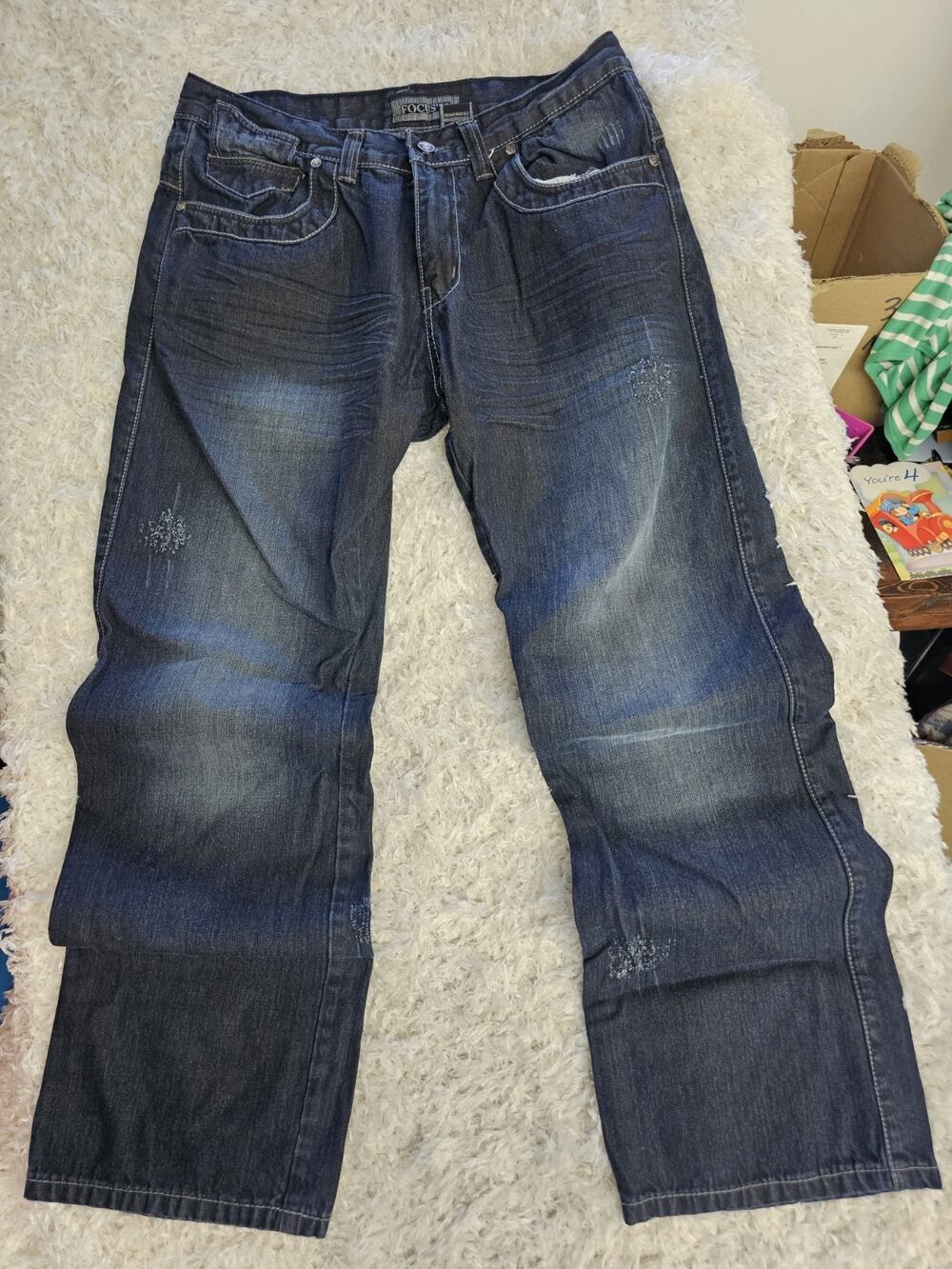 Focus 70 Mens Jeans 32x31 Dark Wash Distressed Flap Pocket Baggy Y2K Skater Fit